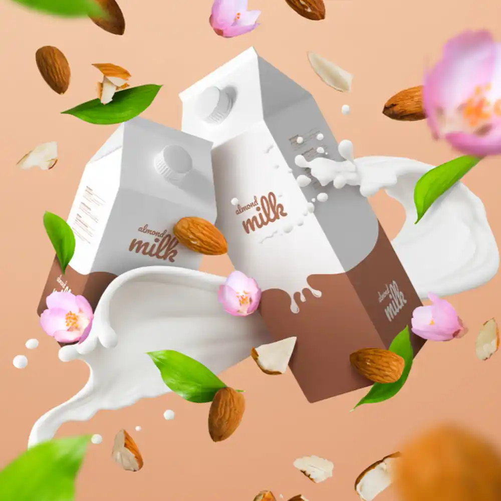 A whimsical illustration featuring milk cartons packaging design with almonds surrounded by colorful, flying flowers.
